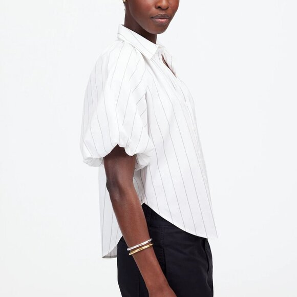 Madewell Shirred Bubble-Sleeve Button-Up Shirt Stripes White Size M NWT - Picture 2 of 8